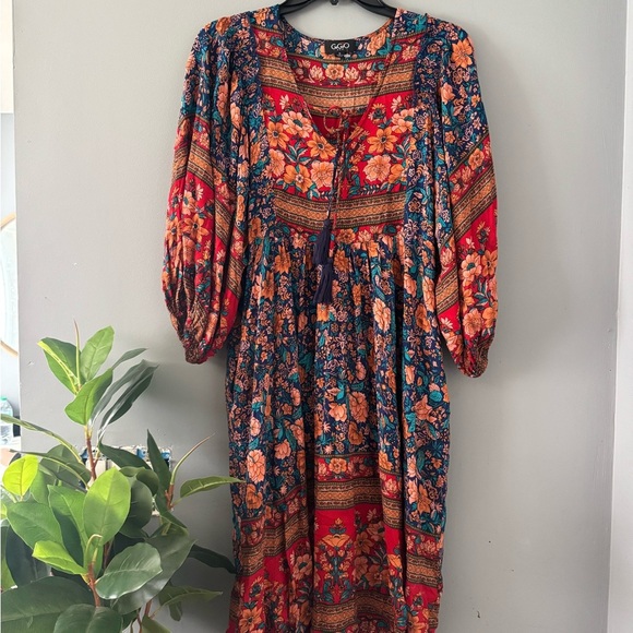 Orange Tiered Midi Sundress with Bishop Sleeves - Picture 2 of 6